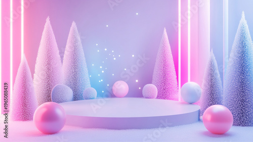 Futuristic Christmas scene with neon glow and pastel tones modern minimal holiday aesthetic