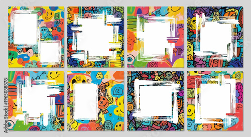 Coleção de modelos de postagem vibrantes com design de grafite abstrato, carinhas felizes e espaços em branco para fotos criativas.