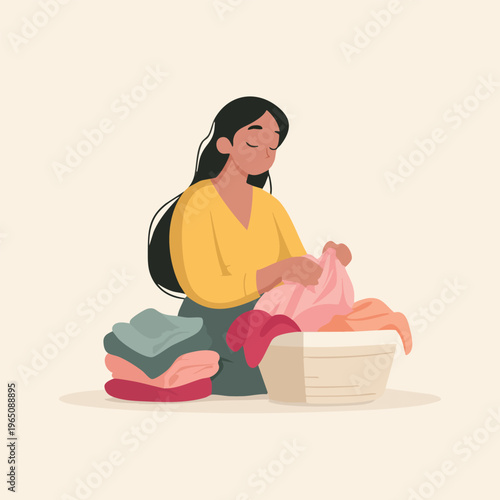 Woman sewing fabrics and clothes illustration.