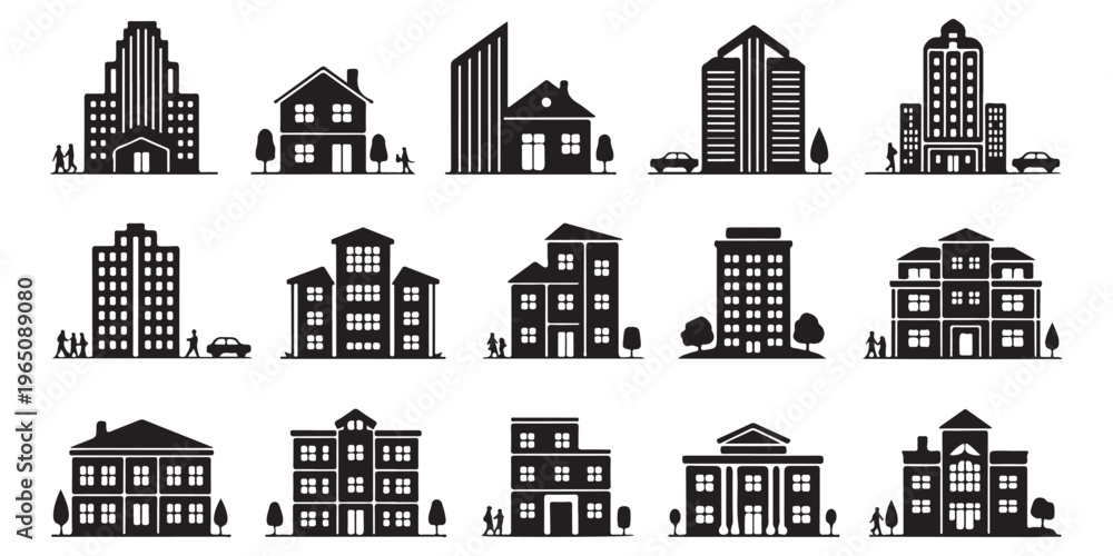 Fototapeta premium Vector icons of buildings city landscape with people and trees silhouette