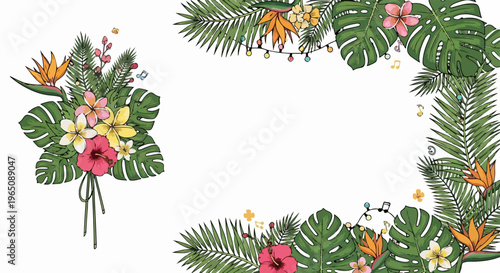 Ilustração tropical vibrante com buquê e moldura de folhas de monstera, flores de hibisco e ave-do-paraíso em fundo branco isolado.