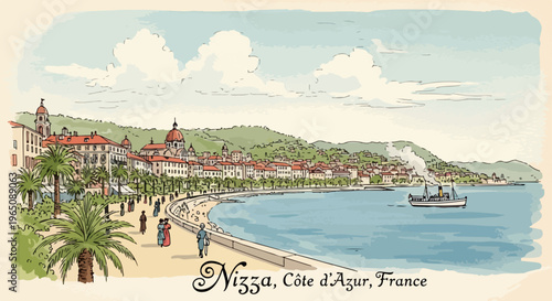 Ilustração vintage de Nice, Côte d'Azur, França, mostrando a Promenade des Anglais com palmeiras, pessoas caminhando e um navio a vapor no mar azul.