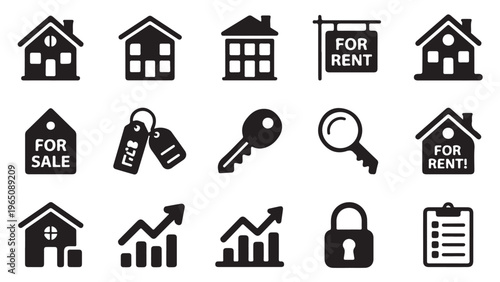 Collection of real estate icons featuring residential housing and rental signage silhouettes