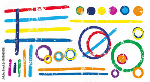 Composição abstrata de formas geométricas coloridas com textura de pincelada desgastada, incluindo círculos e linhas vibrantes sobre fundo branco.