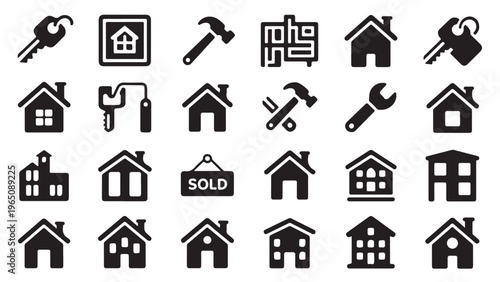 Vector icons for real estate business, house, keys, tools, sold sign, sale sign