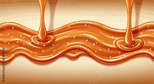 Calda de caramelo salgado escorrendo em ondas suaves com textura brilhante e cremosa, ideal para sobremesas e confeitaria artística.