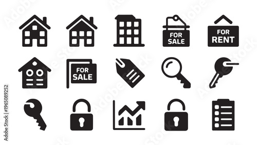 Professional property icons showing home architecture and security locks for agency branding