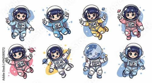 Conjunto de ilustrações de astronautas femininas fofas em estilo chibi flutuando no espaço com trajes coloridos e elementos cósmicos divertidos.