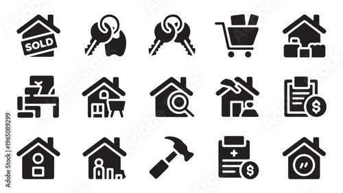 Real estate vector black glyph icons for web design housing, residential property, and home market