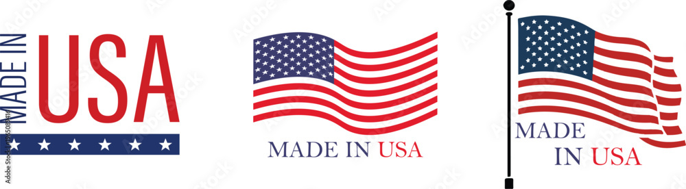 Fototapeta premium Made in USA icon set collection group with american flag badge symbol label stamp emblem quality certification patriotic sign branding identity vector isolated design graphic.