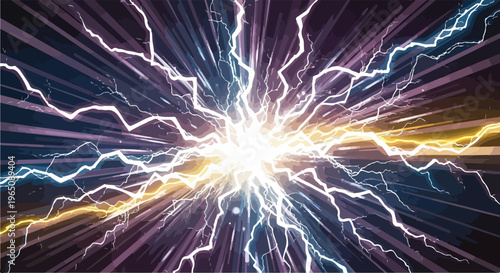 Explosão abstrata de raios elétricos e faíscas brilhantes irradiando de um centro luminoso em um fundo escuro com efeito de velocidade e energia.