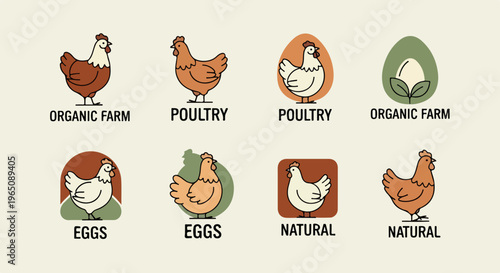Coleção de logotipos de galinhas e ovos para fazenda orgânica e avicultura natural, com ícones minimalistas em tons de terra e design de linha.