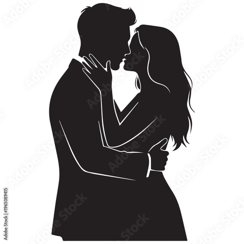 Silhouette of a formal couple in suit and dress embracing and kissing for wedding or event