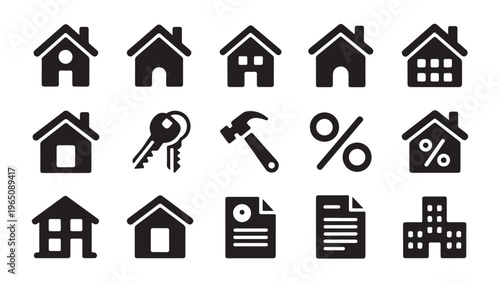 Real estate property icons including house symbols mortgage documents and home repair tools