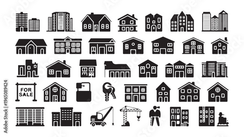 Architectural building silhouettes including residential houses skyscraper and crane icons