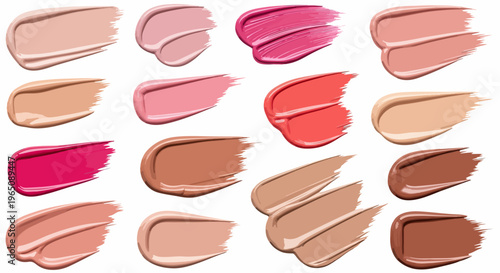 Amostras de base líquida, corretivo e batom em diversos tons de pele e cores vibrantes, exibindo texturas cremosas sobre um fundo branco limpo.