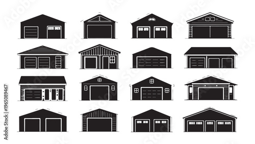 Set of various garage buildings isolated vector illustrations, monochrome style icon collection