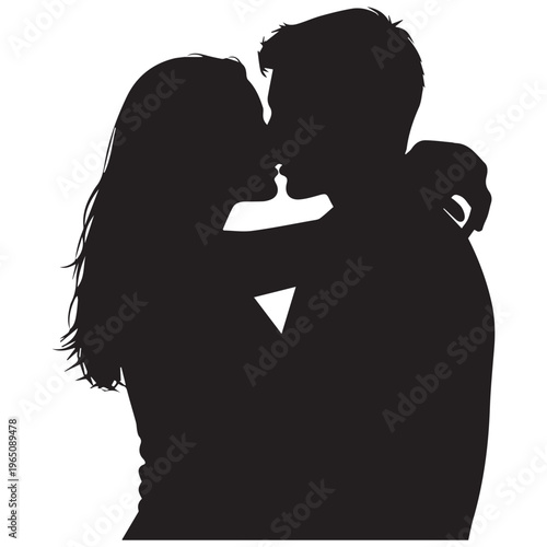 Silhouette of a romantic couple embracing and kissing on white background for wedding card