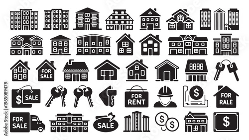 Real estate vector icons set including various buildings and related objects, for sale and rent