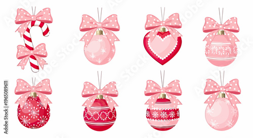 Conjunto de enfeites de Natal em tons de rosa e vermelho com laços de bolinhas, incluindo bolas decorativas, bengala doce e coração festivo.