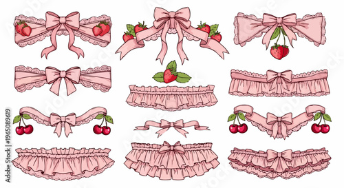 Coleção de laços cor-de-rosa com rendas delicadas, morangos e cerejas em estilo coquette vintage para decoração e convites românticos.