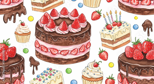 Padrão sem costura em aquarela de bolos de chocolate com morangos frescos, cupcakes decorados e fatias de bolo de aniversário em fundo branco.