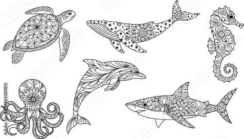 Set of 6 minimalist ocean life mandala tattoo icons, "Created with AI assistance and manually refined."