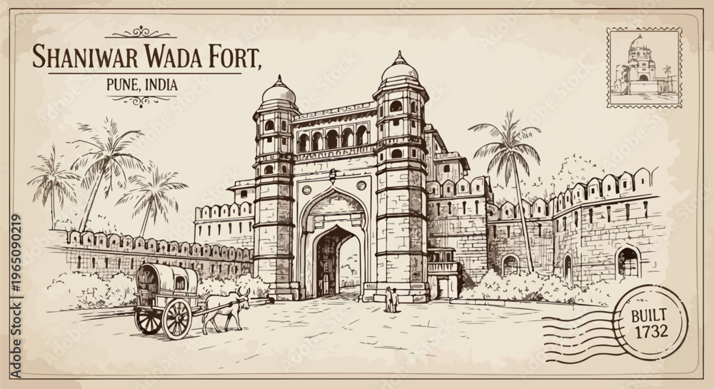 Obraz premium Eine antike Illustration des Shaniwar Wada Forts in Pune, Indien, gestaltet als Vintage-Postkarte mit handgezeichneten Details und Briefmarke.