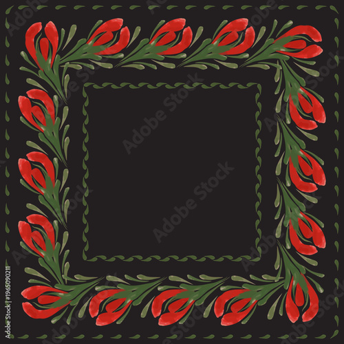 Vector floral seamless border patterns from hand painted red flowers on a black background. 3 pattern brushes in the brush palette