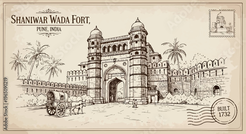 Eine antike Illustration des Shaniwar Wada Forts in Pune, Indien, gestaltet als Vintage-Postkarte mit handgezeichneten Details und Briefmarke.