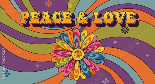 Buntes Retro-Design im Stil der 60er und 70er Jahre mit dem Schriftzug Peace and Love, einer psychedelischen Blume und wirbelnden Mustern.