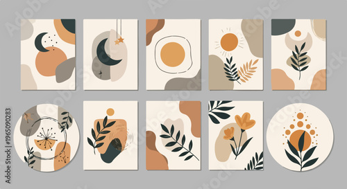 Sammlung von Boho-Abstrakten Postern mit botanischen Elementen, Mond und Sonne in Erdtönen für modernes Innendesign und ästhetische Wandkunst-Deko.