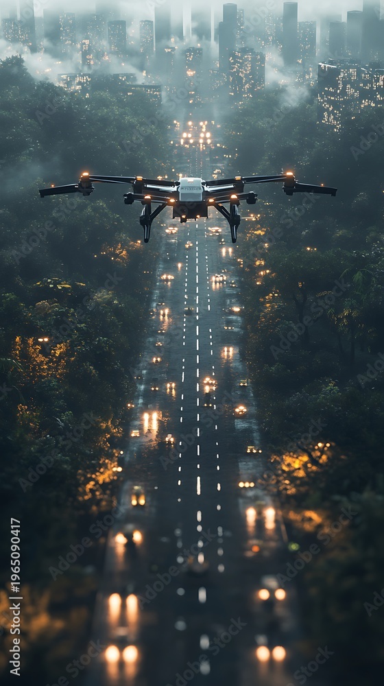 Naklejka premium Autonomous Aerial Vehicle Navigating Urban Landscape at Twilight Ascending