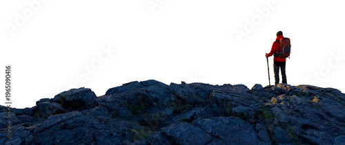 Obraz na plátně Solo Hiker Standing On Rocky Ridge With Backpack And Trekking Pole At Sunrise Ad