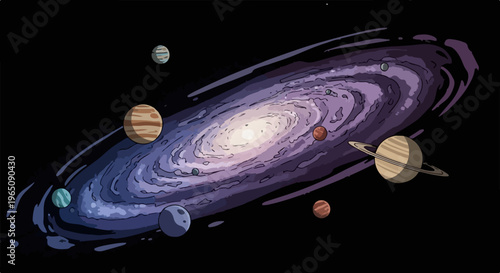 Illustration einer leuchtenden Spiralgalaxie im weiten Weltraum mit verschiedenen Planeten, Sternen und kosmischen Nebeln auf schwarzem Hintergrund.