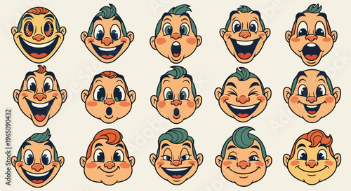 Set aus fünfzehn illustrierten Zeichentrickfiguren im Vintage-Stil mit vielfältigen Gesichtsausdrücken wie Lachen, Freude und Überraschung.