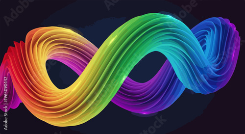 Dynamische bunte Spirale in Regenbogenfarben als 3D-Illustration mit fließenden Formen und leuchtenden Effekten auf schwarzem Hintergrund.