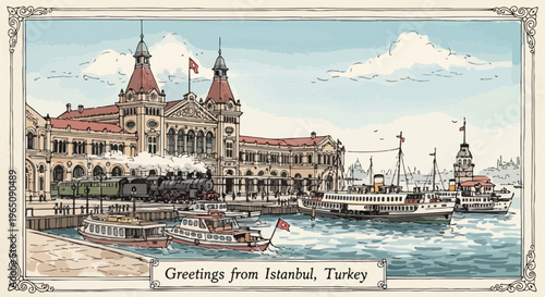 Historische Postkarte von Istanbul mit dem Bahnhof Haydarpaşa, Dampfzügen und Fähren auf dem Bosporus in einem klassischen Vintage-Stil.