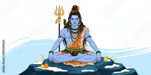 Shiva, Hindu God, Meditating, Vector Illustration, Blue, Orange