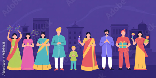Diverse Indian people, traditional clothing, cultural illustration, urban background