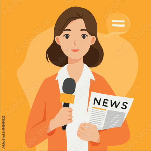 News reporter woman with microphone and newspaper on bright orange background.
