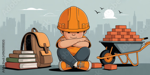 Construction worker, kid with hard hat, sitting with books and wheelbarrow, city background