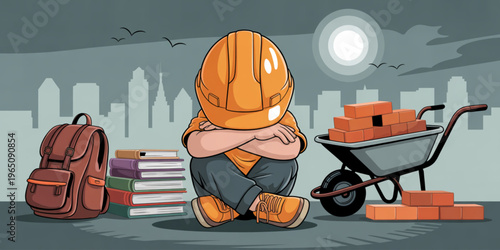 construction worker, cartoon character, sad laborer, cityscape background