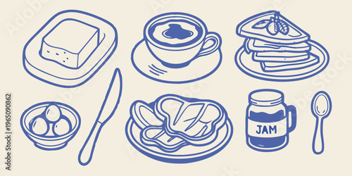 Breakfast items including toast coffee and jam in blue silhouette
