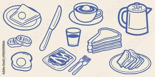 A collection of breakfast items in a blue line drawing silhouette
