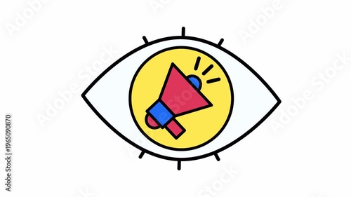 Eyeshaped graphic with a megaphone in yellow circle, ideal for marketing and communication concepts. Advertising campaigns, graphic design, digital media. Vision icon animation.