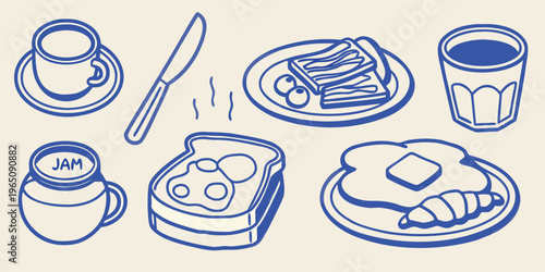 Breakfast items including toast eggs and jam in blue silhouette