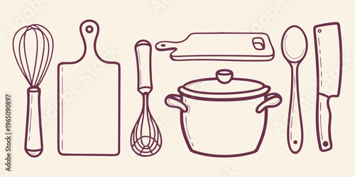 Hand drawn kitchen utensils in a simple elegant silhouette