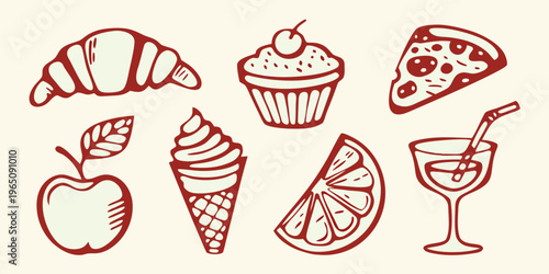 Hand drawn desserts and fruit collection in a reddish brown silhouette