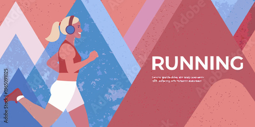 A woman runs with headphones against an abstract geometric background silhouette